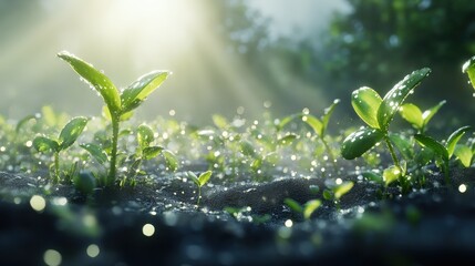 Sprouts in a misty field under early morning light, symbolizing hydration and healthy growth