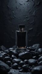 Luxury Black Perfume Bottle Mockup on Rocks Dark Elegant Theme