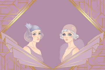 Art Deco design template with elegant flapper girl, geometric shapes, and decorative elements in dusty rose and gold tones. Perfect for invitations, fashion branding, events, or digital decor.