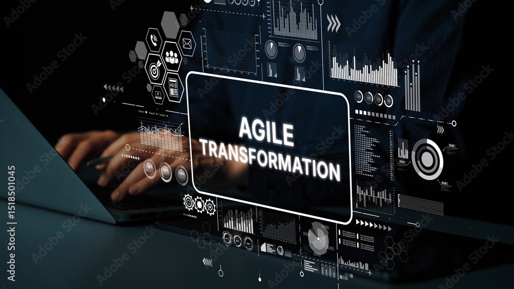 Poster modern digital transformation concepts with focus on agile methodologies and data analytics visuals.