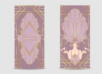 Art Deco design template with elegant flapper girl, geometric shapes, and decorative elements in dusty rose and gold tones. Perfect for invitations, fashion branding, events, or digital decor.