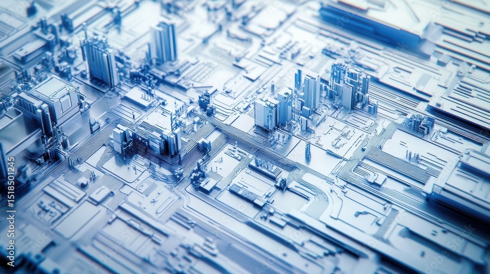 Poster digital circuitry design, intricate blue lines and connecting dots on a white background, symbolizin
