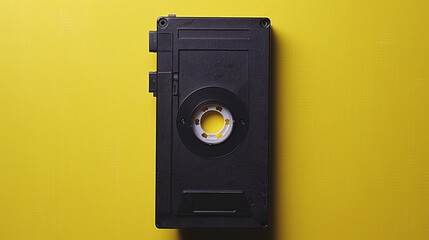 Against a yellow backdrop, a black film cartridge is seen. This simple image is a suggestion from the "add keywords" section in content creation software.