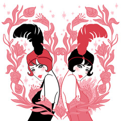 Vector illustration of a glamorous 1920s flapper girl in Art Deco style, with red feather and elegant silhouette. Perfect for vintage party invites, jazz events, themed weddings, or retro decor.