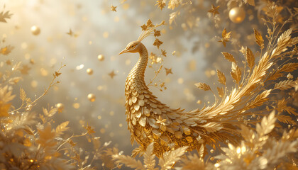 Title: Golden Peacock with Flowing Ornate Feathers, Luxurious Decorative Art