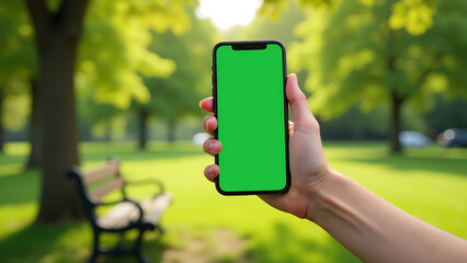 youthful hand cradles smartphone soft focus lush green screen set tranquil backdrop park