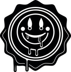 Melting smiley badge vector icon white background