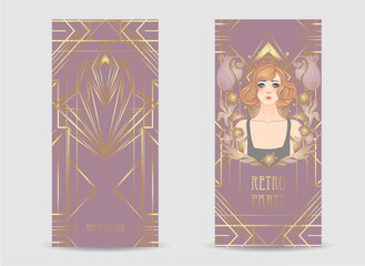 Art Deco design template with elegant flapper girl, geometric shapes, and decorative elements in dusty rose and gold tones. Perfect for invitations, fashion branding, events, or digital decor.
