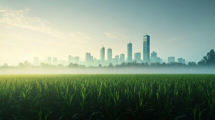 Urban skyline silhouette during early morning mist viewed over green crops, capturing the contrast between nature and city life in a serene landscape