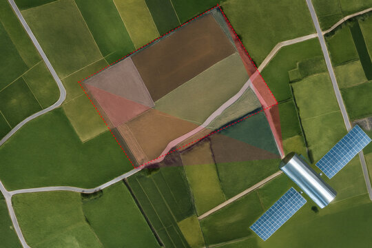 SATELLITE MAPPING CONCEPT with imaginary rural map of territory, land parcels and geodetic satellite taking an aerial photogrammetry - Land measurement and remote relief from space - Cartographic and 