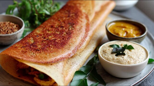 Crispy Dosa with flavorful side dishes, a culinary delight.