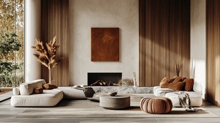 Modern living room interior design with natural elements.