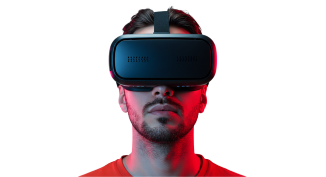 Immersed in the virtual world A man experiencing a new reality with VR headset exploring on transparent background