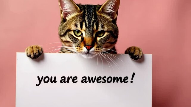 European shorthair cat holding a white sign featuring the uplifting message you are awesome, set against a cheerful pink background, radiating positivity and joy