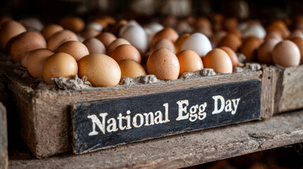 A cozy farm-style egg display in a wooden container with a National Egg Day label. Earthy tones, rustic charm, and organic food symbolism