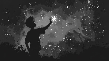 A black and white stylized drawing shows a boy seemingly reaching for a star in the night sky. The image is being used in an AI content submission tool.
