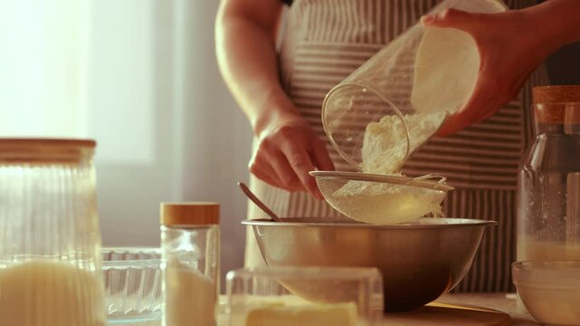 A baker in an apron sifts flour into a mixing bowl, creating a cloud of powder, amidst other baking ingredients on a sunlit kitchen table.