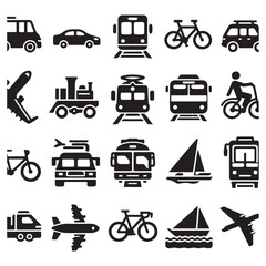  Vector glyph pictograms of travel, logistics, public transit concepts, car, train, bus, bicycle, boat, and airplane black silhouette illustration.