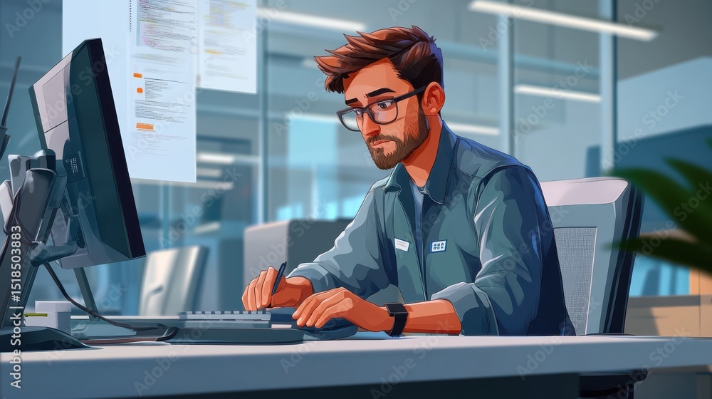 Poster it specialist in casual attire troubleshooting computer issues for a client in a modern office