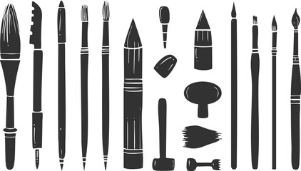 Collection of various paintbrushes and painting tools in black silhouette style on white background