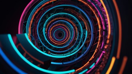 3D spiral made of geometric shapes with neon-glow edges.