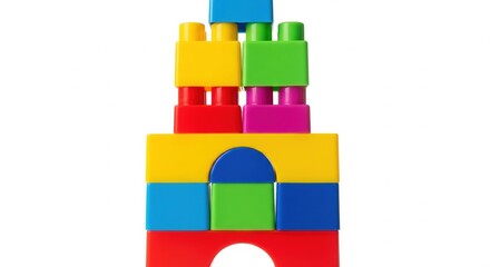 Close-up of a cluttered pile of colorful block bricks viewed from above with place for content or text. Isolated on white background