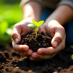 Hands Holding Young Plant in Soil – Symbol of Growth, Care, and Sustainability