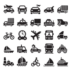  Vector glyph pictograms of travel, logistics, public transit concepts, car, train, bus, bicycle, boat, and airplane black silhouette illustration.