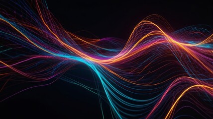 Abstract chaotic lines forming dynamic energy waves with neon hues.