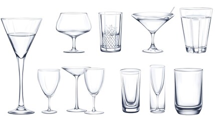 Minimalist transparent PNG set of empty cocktail glasses