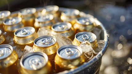 An elevated view of a metal bucket filled with ice and gold-colored beverage cans. This stock photo could be used to represent refreshments.