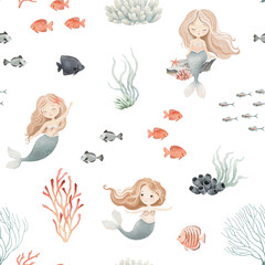 Cute mermaids, marine plants, corals and colored fishes. Watercolor seamless pattern with cute design elements for childish textile, wallpapers or decorative background.