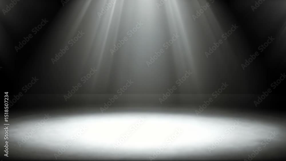 Poster three bright spotlights illuminating empty stage with dark background and floor creating dramatic ef