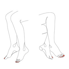 Collection. Silhouettes of human legs, feet in a modern one line style. Continuous line drawing, outline for decoration, posters, wall art, stickers, logo. Vector illustration set