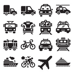  Vector glyph pictograms of travel, logistics, public transit concepts, car, train, bus, bicycle, boat, and airplane black silhouette illustration.