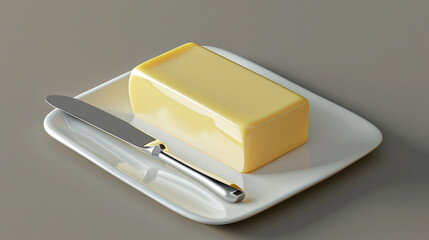A photo of a stick of butter on a white dish, with a butter knife, suggests food or cooking. It could be stock imagery for sale, among generated art.