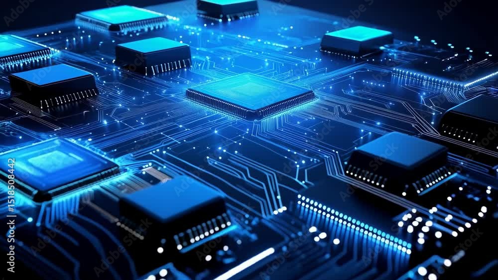 Poster detailed close-up of a blue glowing computer circuit board with semiconductor chips and intricate wi