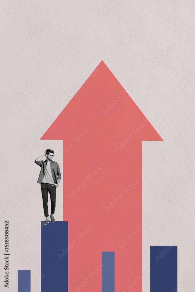 Poster banner art collage of person stand column graphs with arowws up on red background