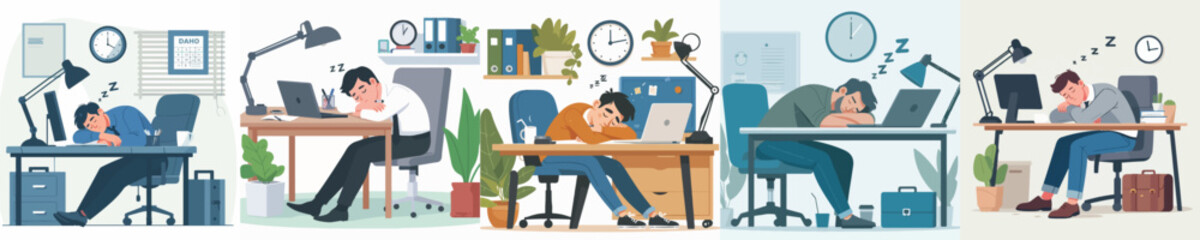 Vector of a man asleep on a desk.