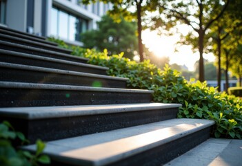 Obraz premium Sunlight illuminating stone steps surrounded by lush greenery