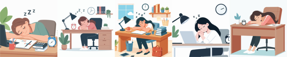 Vector of a woman asleep on a desk.
