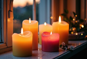 Warm lit candles glow softly on a windowsill during evening, creating a cozy atmosphere