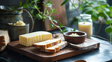 A serene photo shows butter and bread on a wooden board. The natural light and green plants create a calming, organic feel.