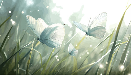 Three elegant white butterflies fluttering gracefully among lush green grass.