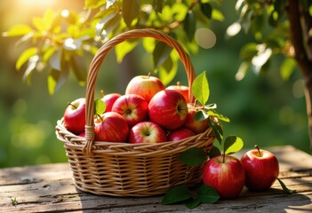 Fresh red apples in a wicker basket on a rustic wooden surface outdoors