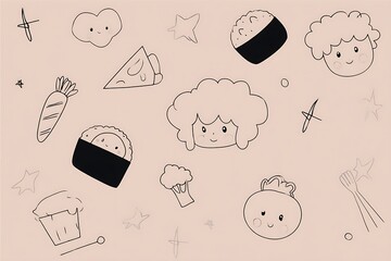 Cute cartoon food and character doodles