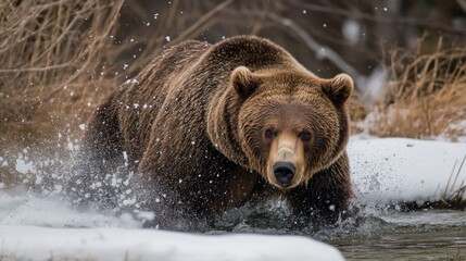 Powerful grizzly bear charging through a snowy river.