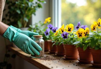 A person wearing green gloves plants colorful pansy flowers in pots on a windowsill