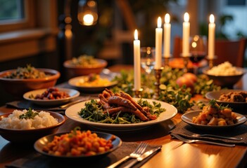 Elegant dinner table set with candles and a variety of delicious dishes for a festive occasion