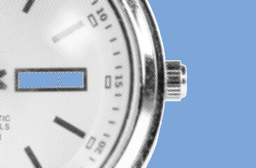 close up of blank dial day-date on watch pixelate grayscale color halftone dotted texture style collage element isolated on blue background
